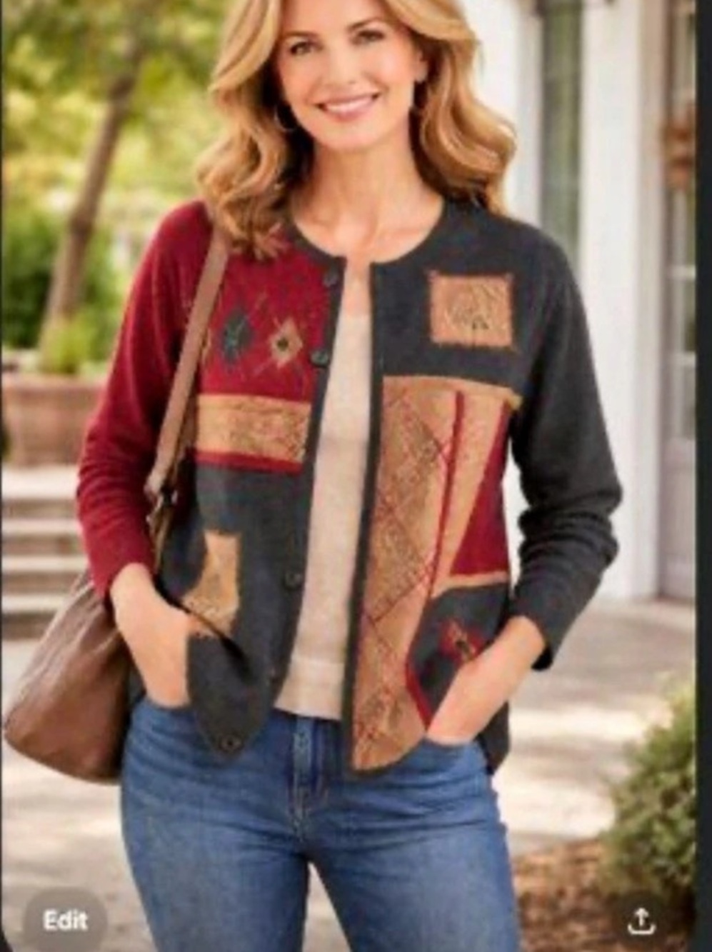 Vintage Koret 90s Patchwork 100% Wool Cardigan Sweater size L (like new)